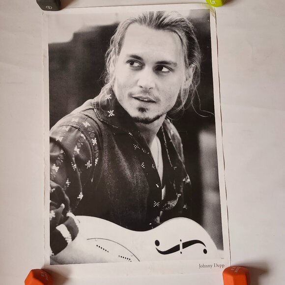 VINTAGE Johnny Depp Wall Poster Black and White Johnny Depp with Guitar - Picture 1 of 2